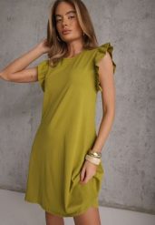 Ciemnozielona Trapezowa Sukienka z Elastycznej Bawełny z Falbankami Przy Ramionach Aleradia. Zielone sukienki Renee, na imprezę, na lato, l, bez wzorów, z bawełny, bez kołnierzyka, bez ramiączek, mini, trapezowe. Za 59.99 zł.