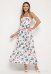 Niebieska Sukienka z Wiskozą o Rozkloszowanym Kroju w Kwiaty Nalorene. Niebieskie sukienki Born2be, na co dzień, l, bez wzorów, z wiskozy, eleganckie, bez kołnierzyka, bez ramiączek, maxi, dopasowane. Za 84.99 zł.
