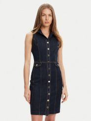 Guess Sukienka jeansowa W5YK24 D5PW1 Granatowy Regular Fit. Niebieskie sukienki Guess, l, z aplikacjami, z bawełny, bez kołnierzyka, bez ramiączek. Za 695.00 zł.