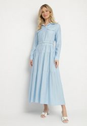 Niebieska Wiskozowa Sukienka Ozdobiona Paskiem i Guzikami Ronitte. Niebieskie sukienki Born2be, na co dzień, na lato, l, bez wzorów, z wiskozy, eleganckie, bez kołnierzyka, bez ramiączek, maxi. Za 149.99 zł.