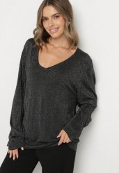 Czarny Wiskozowy Sweter o Pudełkowym Kroju z Metaliczną Nitką Essmia. Czarne swetry Born2be, plus size, bez wzorów, z dzianiny, bez ramiączek. Za 79.99 zł.