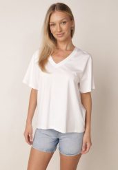 Biały T-shirt z Bawełny z Trójkątnym Dekoltem Siliphe. Białe t-shirty Born2be, uniwersalny, bez wzorów, z bawełny, bez kołnierzyka, bez ramiączek. Za 79.99 zł.