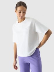 4F T-shirt oversize z nadrukiem damski - biały S. Białe t-shirty 4f, s, bez wzorów, z bawełny, bez kołnierzyka, bez ramiączek. W wyprzedaży za 39.99 zł.