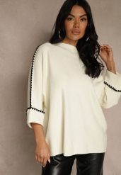 Jasnobeżowy Sweter Ozdobiony Lamówką na Rękawach Tusenna. Brązowe swetry Renee, bez wzorów, z jeansu, bez ramiączek. Za 89.99 zł.