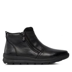 Botki Rieker. Czarne botki Rieker, bez wzorów, bez obcasa, na płaskiej podeszwie, bez zapięcia. Za 319.99 zł.