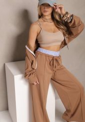 Brązowy Komplet Dresowy z Wiskozą Bluza i Spodnie o Szerokim Kroju Melriva. Brązowe bluzy Renee, bez wzorów, z dresówki, z kapturem. Za 159.99 zł.
