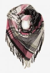 Szaro-Różowy Kraciasty Szalik z Wiskozy i Bawełny z Frędzlami Relavis. Szare szaliki Renee, na zimę, bez wzorów, z bawełny, retro. Za 29.99 zł.