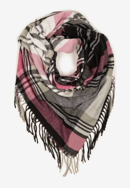 Szaro-Różowy Kraciasty Szalik z Wiskozy i Bawełny z Frędzlami Relavis. Szare szaliki Renee, na zimę, bez wzorów, z bawełny, retro. Za 54.99 zł.