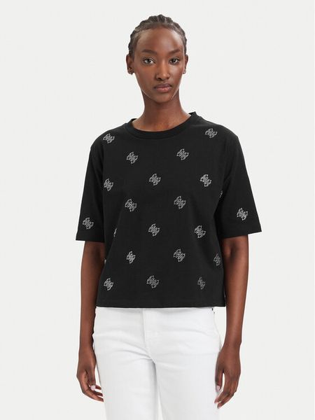Guess T-Shirt V6GI18 K2985 Czarny Regular Fit. Czarne t-shirty Guess, xxs, z aplikacjami, z bawełny, bez kołnierzyka, bez ramiączek. Za 119.99 zł.