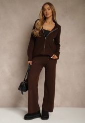 Brązowy Komplet z Wełną i Bawełną Rozpinana Bluza z Kapturem i Szerokie Spodnie Reisema. Brązowe bluzy Renee, m, bez wzorów, z bawełny, z kapturem. Za 139.99 zł.