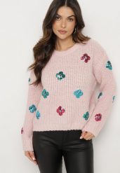 Jasnoróżowy Sweter z Tłoczonej Dzianiny z Wiskozą Zdobiony Cekinowymi Kwiatami Edamara. Czerwone swetry Born2be, l, z aplikacjami, z dzianiny, bez ramiączek. W wyprzedaży za 84.99 zł.