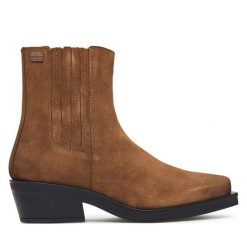 Botki Tommy Jeans. Brązowe botki Tommy Jeans, bez wzorów, z jeansu, bez obcasa, na płaskiej podeszwie, bez zapięcia. Za 649.99 zł.