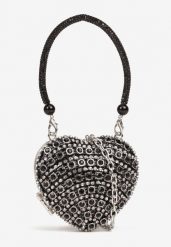 Czarna Torebka w Kształcie Serca z Cyrkoniami Dellatira. Czarne torby na ramię Born2be, bez wzorów, eleganckie, na ramię, bez dodatków. Za 39.99 zł.