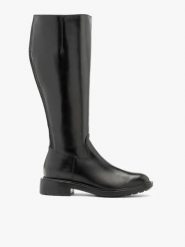 Eleganckie czarne kozaki z szeroką cholewką. Czarne kozaki Ryłko, z gumy, z okrągłym noskiem, bez obcasa, na obcasie, bez zapięcia. Za 699.99 zł.