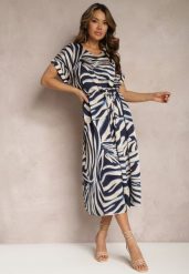 Beżowo-Granatowa Midi Sukienka Pudełkowa w Animal Print z Paskiem Avula. Brązowe sukienki Renee, xl, bez wzorów, eleganckie, bez kołnierzyka, bez ramiączek, maxi. Za 54.99 zł.