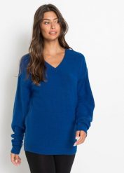Sweter dzianinowy oversize. Niebieskie swetry bonprix, bez wzorów, z dzianiny, bez ramiączek. Za 99.99 zł.