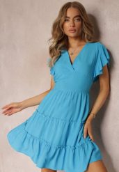 Niebieska Taliowana Sukienka Mini Ozdobiona Falbankami Salleni. Niebieskie sukienki Renee, na co dzień, s, bez wzorów, z wiskozy, bez kołnierzyka, bez ramiączek, mini. Za 49.99 zł.