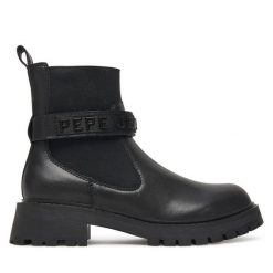 Botki Pepe Jeans. Czarne botki Pepe Jeans, bez wzorów, z jeansu, bez obcasa, na płaskiej podeszwie, bez zapięcia. Za 619.99 zł.