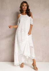 Biała Maxi Sukienka Na Ramiączkach z Wycięciami o Trapezowym Fasonie Mahkai. Białe sukienki Renee, bez wzorów, z bawełny, boho, bez kołnierzyka, bez ramiączek, maxi, trapezowe. Za 139.99 zł.