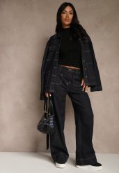 Granatowe Szerokie Jeansy z Bawełną High Waist Ozdobione Kieszeniami Lalla. Niebieskie jeansy Renee, l, bez wzorów, z podwyższonym stanem. Za 99.99 zł.