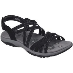 Sandały damskie Skechers Reggae Slim Summer Getaway. Czarne sandały Skechers, bez wzorów, z materiału, bez obcasa, bez zapięcia. Za 390.00 zł.