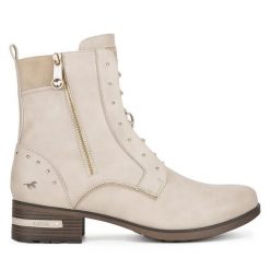 Trzewiki Mustang. Białe botki Mustang, bez wzorów, bez obcasa, na słupku, bez zapięcia. Za 369.99 zł.