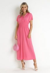 Różowa Sukienka Maxi z Marszczoną Gumką w Talii Yalesima. Czerwone sukienki Born2be, l, bez wzorów, bez kołnierzyka, bez ramiączek, maxi. Za 44.99 zł.