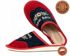 Kapcie kempingowe damskie Tylbut TYL0123 ze skóry naturalnej domowe. Czerwone obuwie domowe OEM, bez wzorów, z materiału, bez zapięcia. Za 54.00 zł.