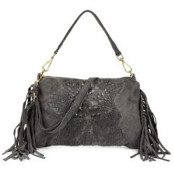 Listonoszka skórzana boho VERA PELLE Z24 szara. Szare torebki klasyczne bez wzorów, ze skóry, zamszowe, bez dodatków. Za 164.99 zł.