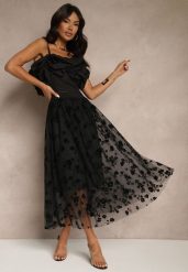 Czarna Rozkloszowana Spódnica Tiulowa Zdobiona Welurowym Printem w Kwiaty Folisena. Czarne spódnice Renee, na co dzień, l, z aplikacjami, z materiału, eleganckie, midi, oversize. W wyprzedaży za 71.99 zł.