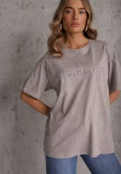 Szary Oversizowy T-shirt z Bawełny Zdobiony Haftem z Cekinami Marivia. Szare t-shirty Renee, l, z aplikacjami, z bawełny, bez kołnierzyka, bez ramiączek. Za 59.99 zł.