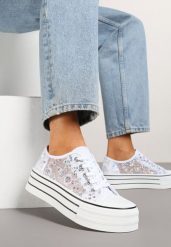 Białe Trampki Vices z Siateczki z Cekinami na Grubej Podeszwie Telanila. Białe trampki Renee, bez wzorów, z jeansu, bez zapięcia. Za 74.99 zł.