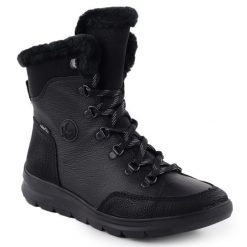 Skórzane wodoodporne botki damskie z futerkiem czarne Rieker Z0000-00. Czarne botki Rieker, bez wzorów, ze skóry, bez obcasa, bez zapięcia. Za 419.00 zł.
