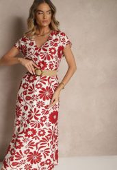 Czerwona Rozkloszowana Sukienka z Wiskozy z Paskiem z Klamrą Zarenele. Czerwone sukienki Renee, na co dzień, na lato, l, bez wzorów, z jeansu, eleganckie, bez kołnierzyka, bez ramiączek, maxi, rozkloszowane. Za 79.99 zł.