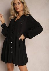 Czarna Rozkloszowana Sukienka Koszulowa Mini w Stylu Boho Binessa. Czarne sukienki Renee, l, bez wzorów, boho, bez kołnierzyka, bez ramiączek, mini, koszulowe. Za 84.99 zł.
