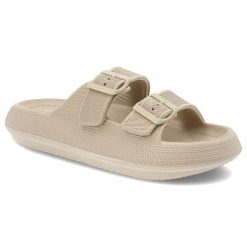 Klapki damskie Vinceza, gumowe profilowane z klamram na basen na wakacje klasyczne, beżowe, 76056-BE. Brązowe klapki VINCEZA, bez wzorów, z gumy, bez obcasa. Za 69.99 zł.