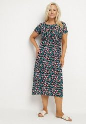 Czarno-Niebieska Rozkloszowana Sukienka z Gumką w Talii we Wzór Pawich Oczek Duilla. Czarne sukienki Born2be, na lato, plus size, bez wzorów, bez kołnierzyka, plus size, bez ramiączek, midi, rozkloszowane. Za 39.99 zł.