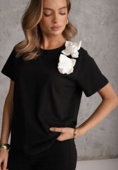 Czarno-Biały Bawełniany T-shirt o Klasycznym Kroju z Kwiatowymi Aplikacjami 3D Morgane. Czarne t-shirty Renee, l, z aplikacjami, z bawełny, bez kołnierzyka, bez ramiączek. Za 69.99 zł.