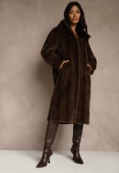 Brązowy Futrzany Płaszcz z Kapturem Zdobiony Pionowym Wzorem Elrinrahne. Brązowe płaszcze Renee, l, z aplikacjami, z futra, z kapturem. Za 339.99 zł.