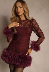 Bordowa Dopasowana Koronkowa Sukienka Koktajlowa z Tiulowymi Aplikacjami Kretalia. Czerwone sukienki Renee, na imprezę, m, z aplikacjami, z koronki, wizytowe, bez kołnierzyka, bez ramiączek, dopasowane. Za 239.99 zł.