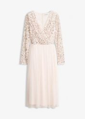 Sukienka koktajlowa z aplikacją z cekinów. Czerwone sukienki bonprix, z aplikacjami, z tiulu, eleganckie, bez kołnierzyka, bez ramiączek, midi. Za 249.99 zł.