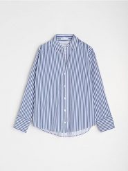 Bawełniania koszula oversize - granatowy. Niebieskie koszule Sinsay, l, bez wzorów, z bawełny, bez kołnierzyka, bez ramiączek. W wyprzedaży za 25.99 zł.
