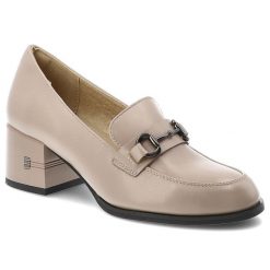 Półbuty damskie Vinceza, cholewka ze skóry naturalnej licowej wsuwany fason z ozdobnym paskiem i metalową klamrą, beżowe, 18116. Brązowe czółenka VINCEZA, bez wzorów, ze skóry, bez obcasa, na obcasie, bez zapięcia. Za 179.00 zł.