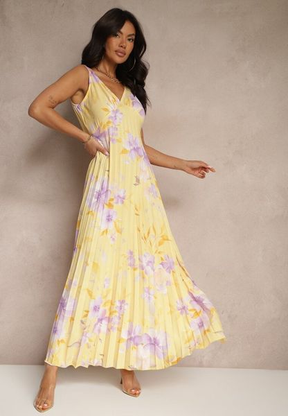 Żółta Plisowana Sukienka o Rozkloszowanym Fasonie na Szerokich Ramiączkach Nitanela. Żółte sukienki Renee, na spotkanie biznesowe, l, bez wzorów, z materiału, eleganckie, bez kołnierzyka, bez ramiączek, maxi, plisowane. Za 129.99 zł.