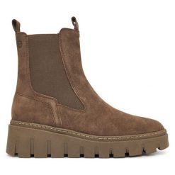 Sztyblety Tamaris. Brązowe botki Tamaris, bez wzorów, bez obcasa, na koturnie, bez zapięcia. Za 479.99 zł.