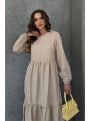 Trendyol Lniana sukienka w kolorze beżowym rozmiar: XL. Brązowe sukienki Trendyol, xl, bez wzorów, ze lnu, bez kołnierzyka, bez ramiączek, maxi. Za 74.11 zł.