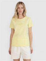 4F T-shirt regular z nadrukiem damski - żółty XS. Żółte koszulki sportowe 4f, bez wzorów, z bawełny, bez ramiączek. W wyprzedaży za 29.99 zł.