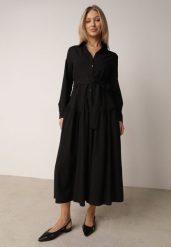 Czarna Koszulowa Sukienka z Bawełną i Wiskozą Ozdobiona Paskiem Viviedah. Czarne sukienki Born2be, na co dzień, l, bez wzorów, z bawełny, bez kołnierzyka, bez ramiączek, maxi, koszulowe. Za 199.99 zł.