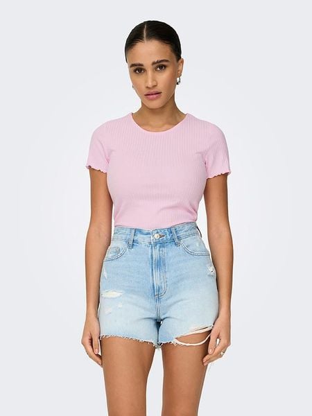 ONLY Koszulka "Emma" w kolorze jasnoróżowym rozmiar: XL. Różowe bluzki Only, xl, bez wzorów, prążkowane, bez kołnierzyka, bez ramiączek. Za 55.95 zł.