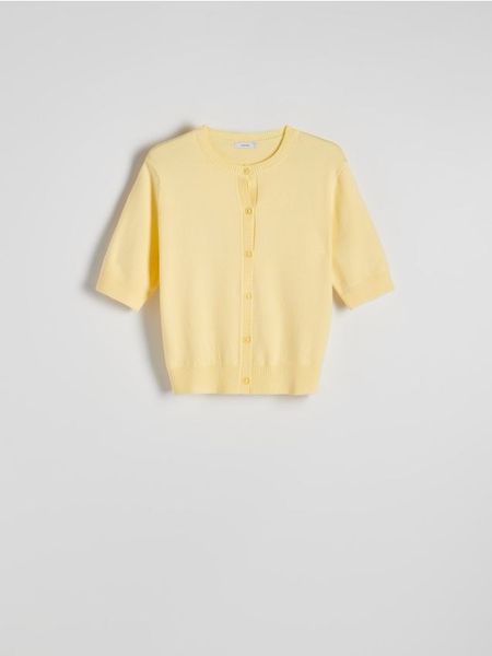 Cienki kardigan z wiskozą - jasnożółty. Żółte kardigany Reserved, l, bez wzorów, z dzianiny. W wyprzedaży za 59.99 zł.